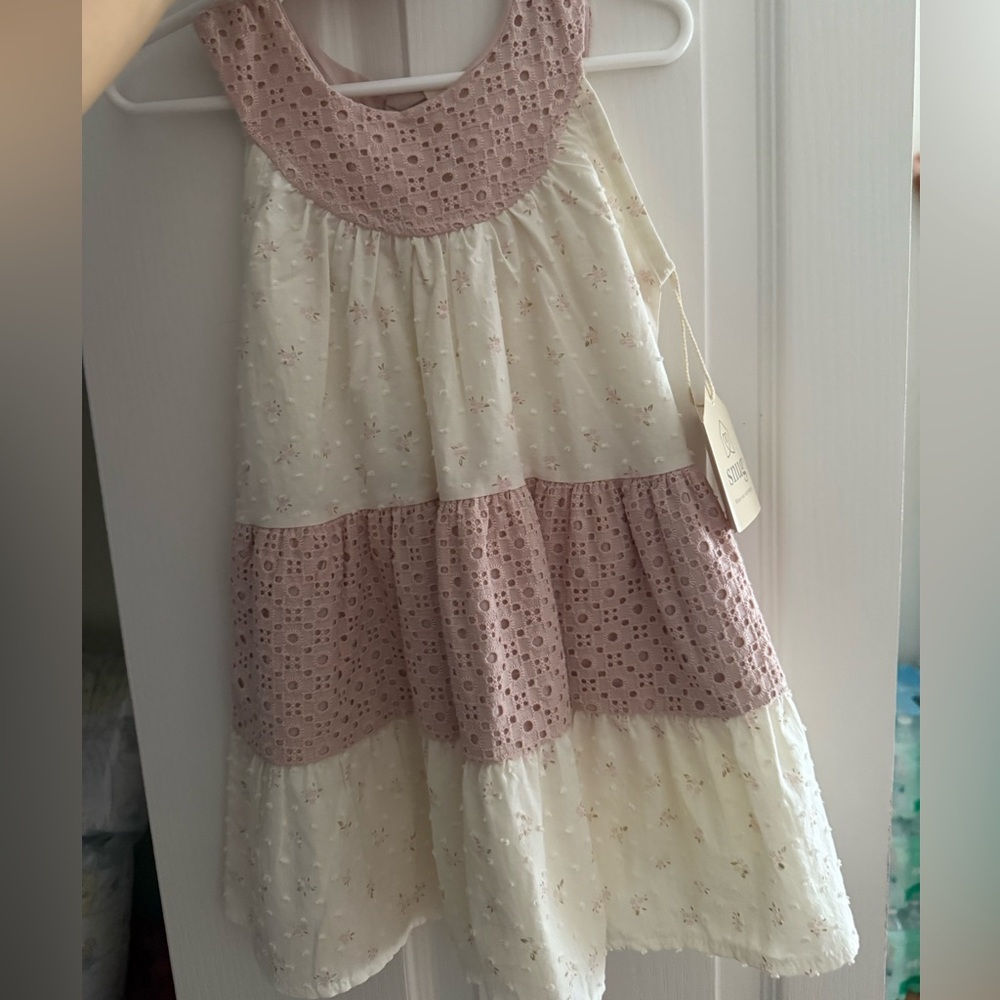 Girls Cream and Dusty Pink Eyelet Tiered Sundress